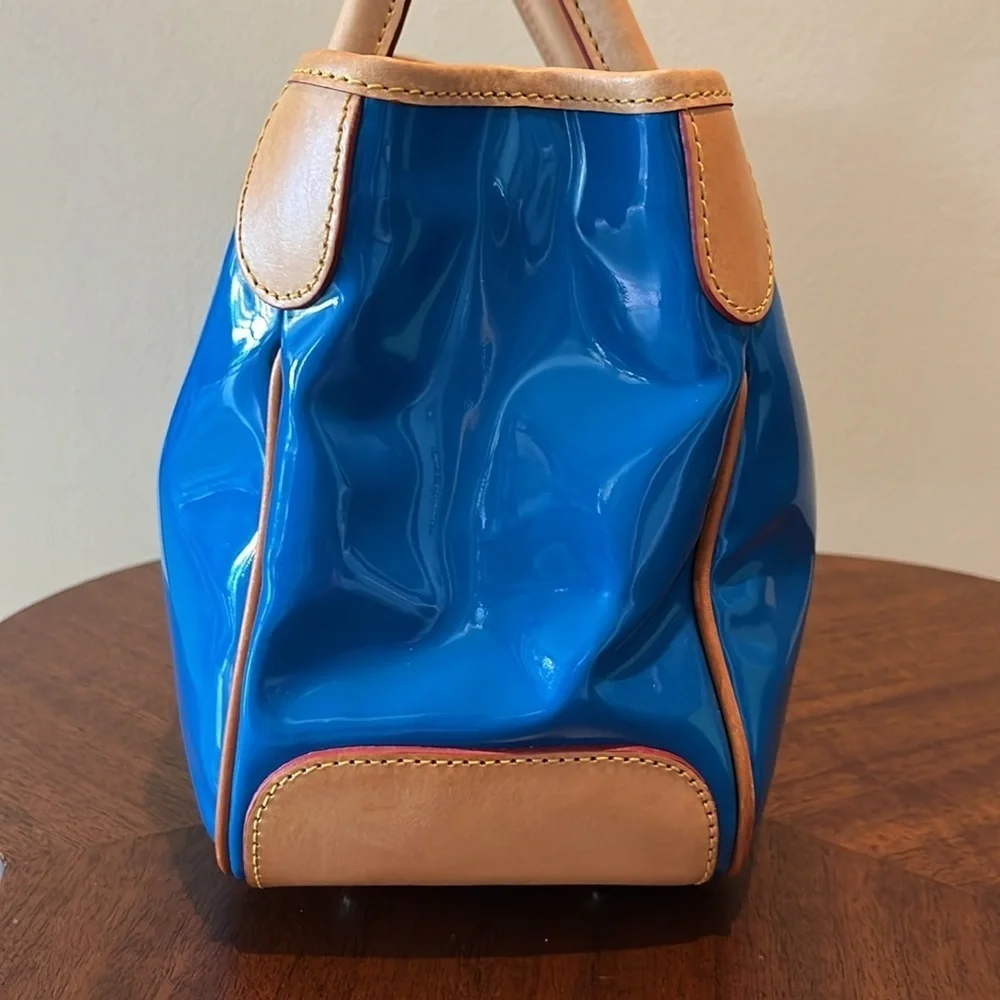 Dooney & Bourke  Satchel  Royal blue coated canvas/ tan leather trim   Like New